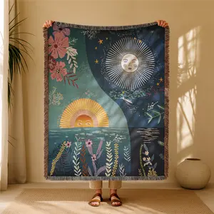 The Sun And The Moon Bohemian Floral Throw Yarn Jacquard Woven Blanket with Tassel, Thick Soft Washable Blanket, Used for Home Decor Sofa Chair Bed Tapestry Tablecloth Floor Garden Picnic Outdoor Camping