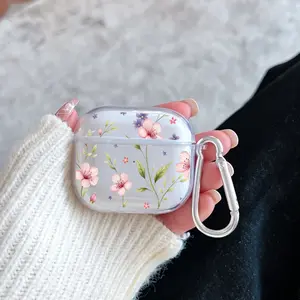 Floral Symphony Pattern Protective Case for AirPods 4/3/2/1/Pro/Pro2 Soft TPU Earphone Cover, Transparent with Keychain