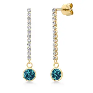 Gem Stone King 14K Yellow Gold Gemstone Birthstone and White Lab Grown Diamond Long Liner Dangle Earrings for Women | Round 6MM and 1.5MM Accents | Gold Chain Drop Earrings
