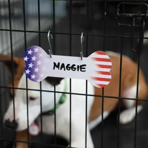 Aluminum Writable Dog Bone Crate Tag | Patriotic Personalized Pet ID Sign | Proud Paws Collection | 4th of July Dog Gifts