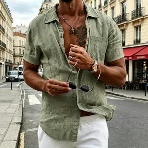 [Men's Linen Henley Shirt] Men's Linen Henley Shirt - Short Sleeves, Comfortable & Breathable Fabric, Lightweight Regular Fit for Daily Travel, Outdoor Sports, Tourism, Vacation, Beach, Hiking, Evening Wear & Casual Street Style