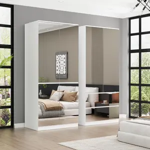 FUFU&GAGA 3 Types Mirror Wardrobe Armoire with Drawers Closet Glass Full Length Mirror Doors Drawers & Hanging Rod Clothes Storage Cabinet for Bedroom