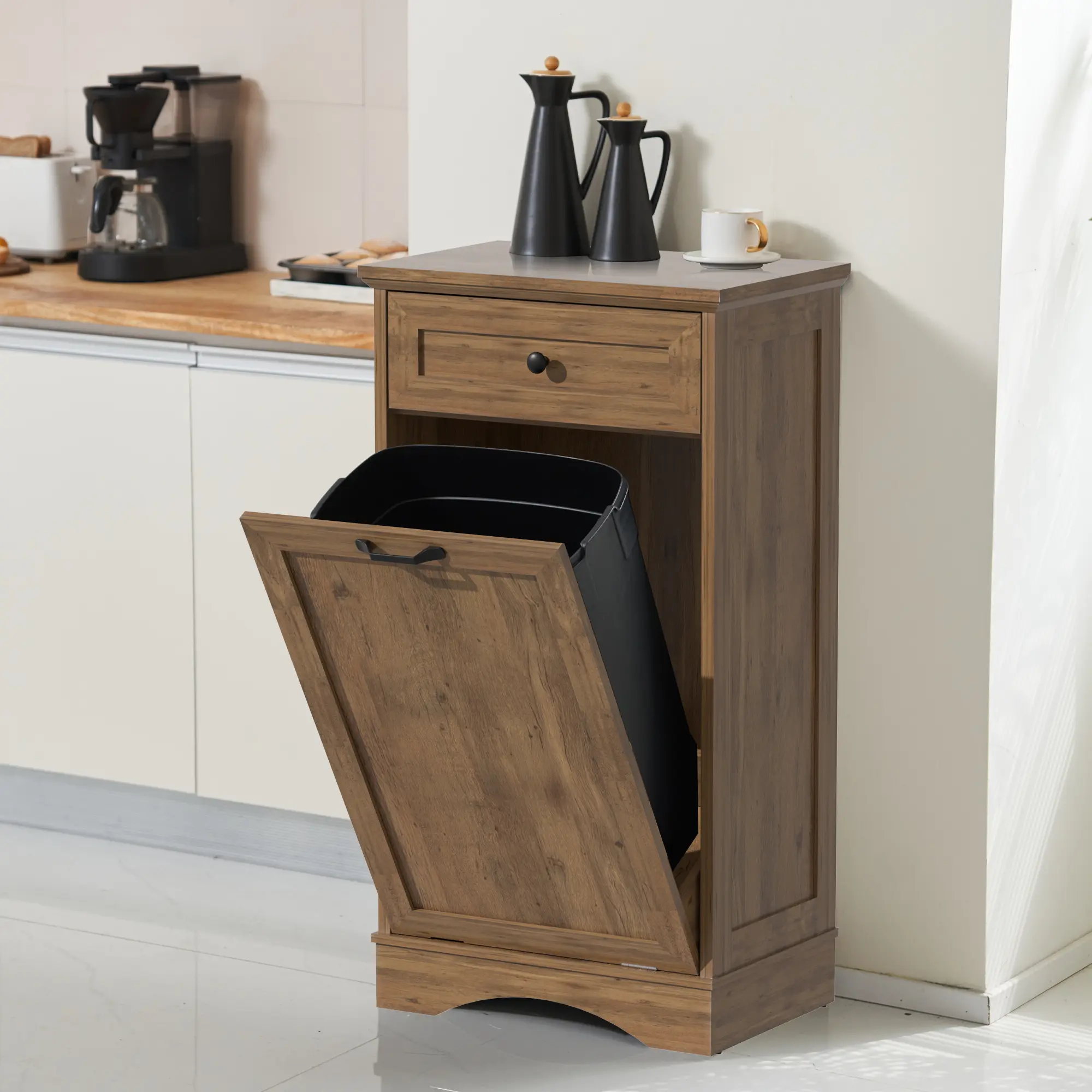 AHB 13 Gal Durable Wood Tilt-Out Cabinet with Drawer, Engineered Wood Panels, Pet-Proof Hidden Trashcan Organizer, Freestanding Home Trash Can Storage Cupboard (Trash Can Not Included)