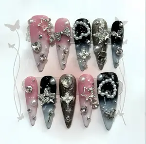 Black Pink Charm Nails, Y2k 3D Gel Press On Nails, Custom Nails Luxury Round Nailbox, Cute Girls Press On Nails, Premium Nails Gifts Satamiis