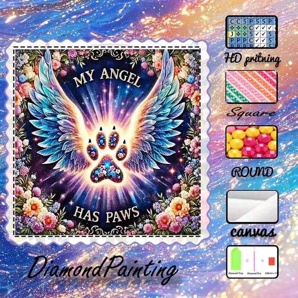 DIY 5D Flocking Diamond Painting Kit, AB Drills, Fairy Dust Drills, Crystal Drills, Angel, Paw Print, Flower, Diamond Embroidery, Special Craft Diamond Art Kit, Wall Décor, Gift for Family, Loved Ones, Friends, Handmade Gifts, Diy Craft Supplies