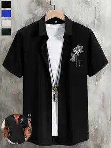 Men's Short Sleeve Button Shortsleeve Shirt, Casual Outdoor Shirt, Rose Pattern & Japanese Print Design, Regular Fit Loose Style, Classic Casual Summer Top, Menswear