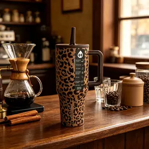 HydroJug 40oz Leopard Printed Stainless Steel Tumbler Flask - Portable, Stylish, 24H Cold Insulation, Leakproof, BPA-Free Drinkware with Handle, Straw, Cup Holder Friendly for Gym, Travel