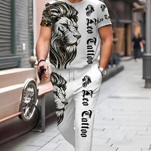 men's casual fashion sports lion print round neck short sleeved pants set