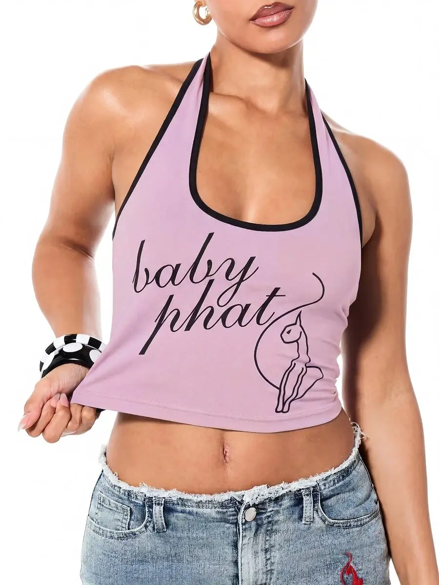 Elamini x BABYPHAT Halter Neck Graphic Top With Print Black Contrast Trim Cropped Festival Summer Tank
