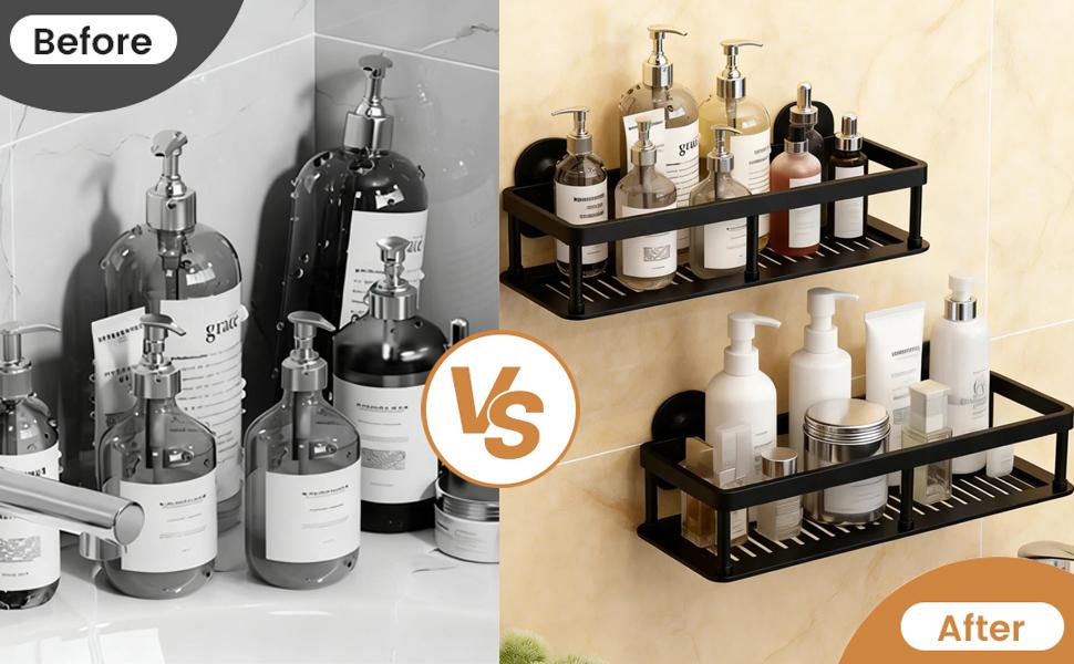 Shower, Self-Shelves Basket, 2 Pack Large Capacity Shower Shelve with Hook Rack, No Drilling Organizers and for Home (4, Black)