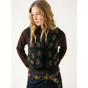 Cider V-neck Embroidery Floral Tie Front Crop Jacket Vest