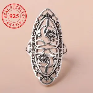 925 Sterling Silvery Floral Pattern Carved Hollow Ring Bohemian Ethnic Style Retro Elegance Daily Wear Gift Valentine's Day Present
