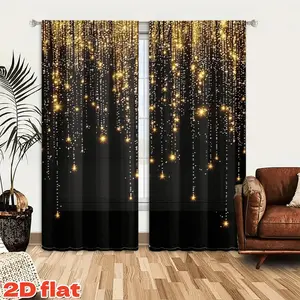 2D Flat 2Pcs Shimmering Gold Glitter String Lights Curtains, Sparkle Effect Drapes, Rod Pocket Style, Semi Sunshade, for Modern Living Room Bedroom Dining Decor, Elegant Home Window Treatment, Privacy Protection, Temu Hot Sale.