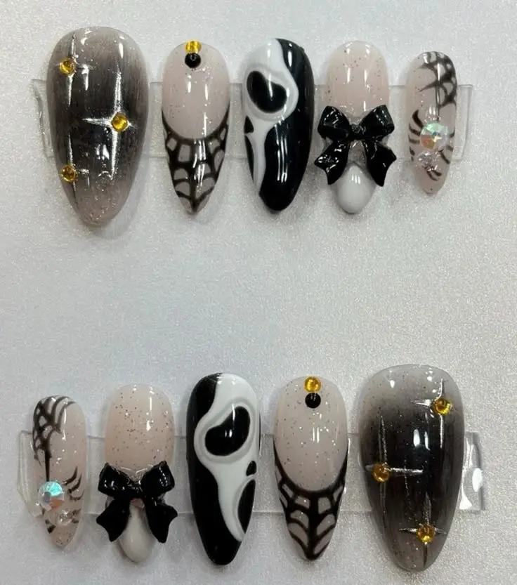 Gothic Ghostface Press On Nails | Black White Halloween Nails | 3D Bow Spiderweb Stiletto Fake Nail Set| FREE Adhesive Tabs  Nail File Cuticle Stick