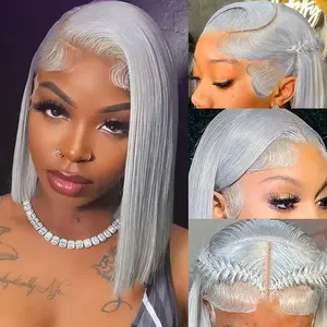 KINGSUP 13x4 Grey Bob Lace Frontal Wig Human Hair Short Straight Transparent Lace Front Wig Brazilian Virgin Human Hair Pre Plucked Hairline Short Colored Gray Bob Wigs for Women 12 Inch