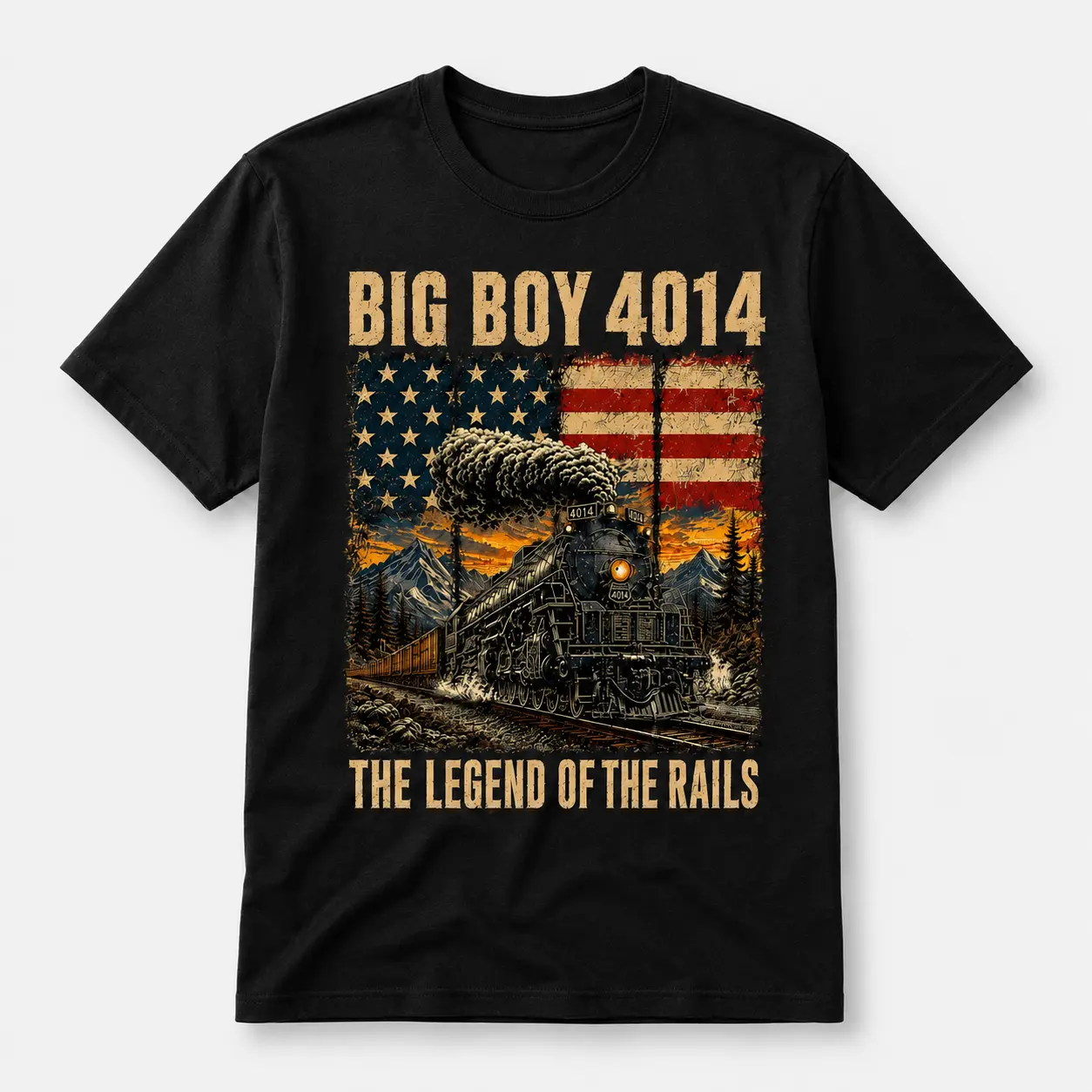 Big Boy 4014 The Legend Of The Rails Shirt, Vintage Steam Train Locomotive Tee, Retro Cream Distressed American Flag Mountain Top