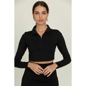 Black Athletic Half-Zip Crop Top