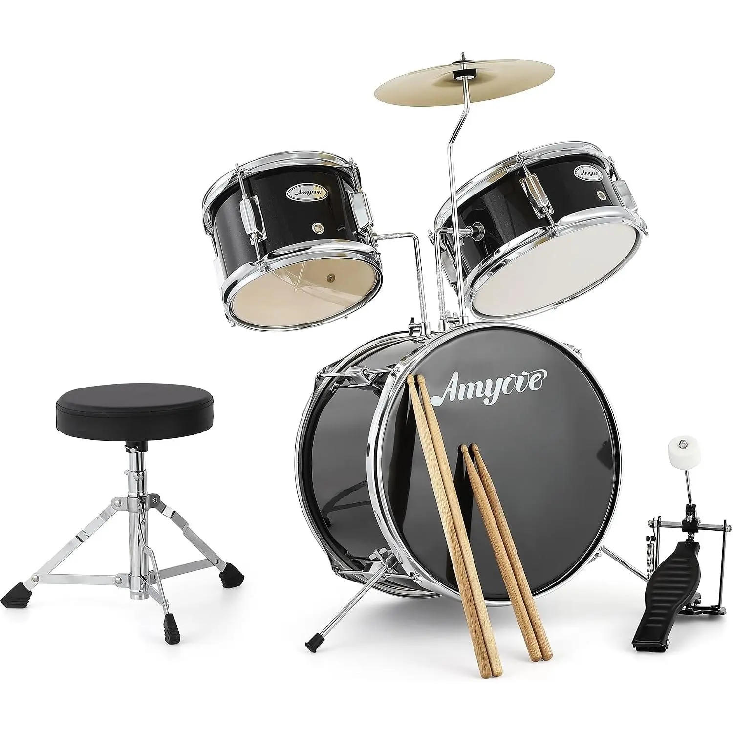 Garvee 3 Piece Kids Drum Set with Cymbal, 2 Drumsticks, Pedal, 2 Tom,Beginner Junior Drum Kit with Throne Stool, Musical Instruments for Boys and Girls,Black