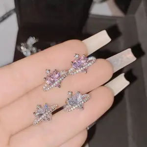 Niche design Shiny Saturn Love earrings Sweet cool personality Blend Powder Zirconium Planet stud earrings