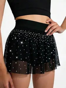 Sports Skirt Mesh Rhinestone High Waist Built In Shorts Stretch Fabric Lightweight Breathable Comfortable Yoga Gymnastics Tennis Activewear Athleisure Tween Girls Fitness Skirt