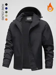 Men's Solid Pocket Drawstring Hooded Fleece Jacket, Regular Fit Casual Long Sleeve Zip Up Outerwear for Winter, Men's Clothes for Daily Wear