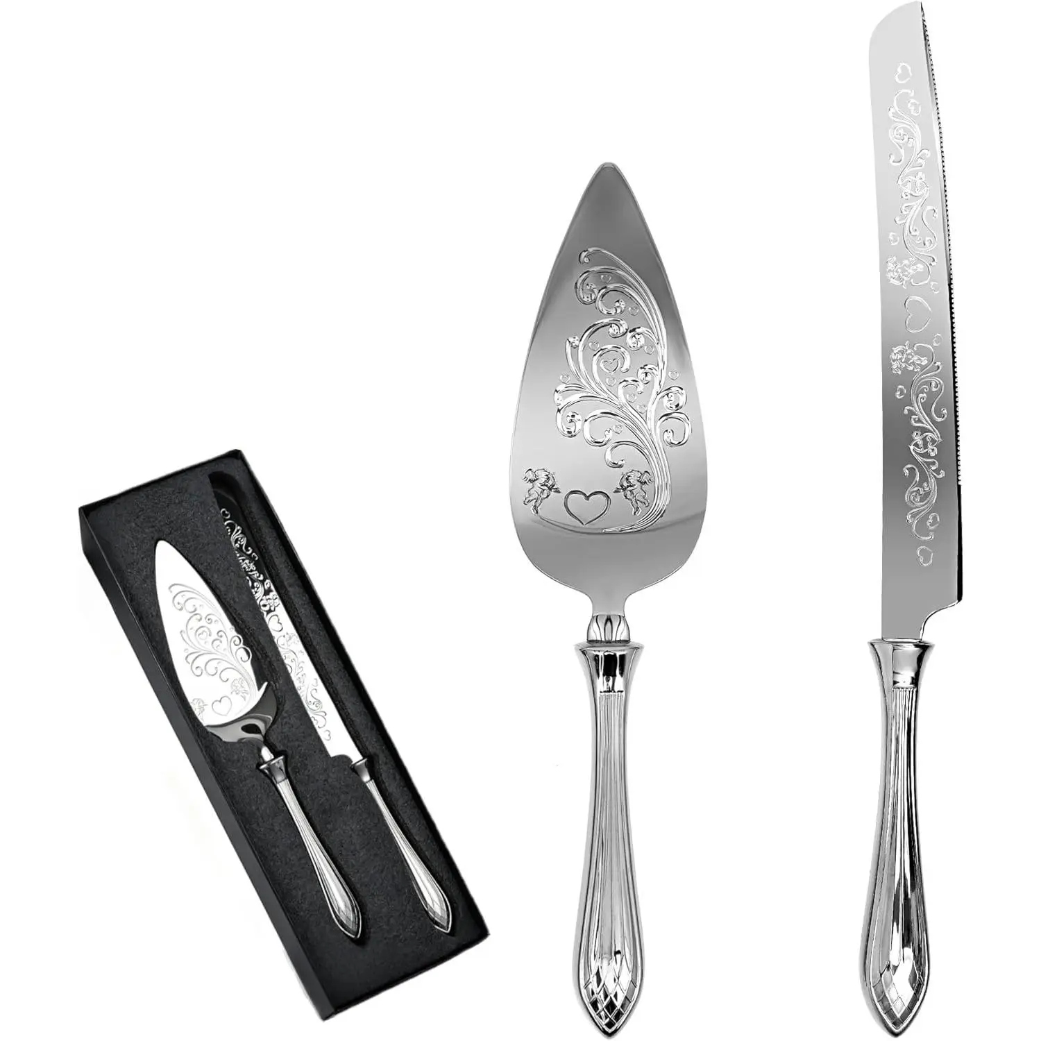Cake Knife and Server Set, Deluxe 2-Piece Stainless Steel Cutlery for Weddings and Celebrations, Silver Finish - 13.78 in, Two Piece Set
