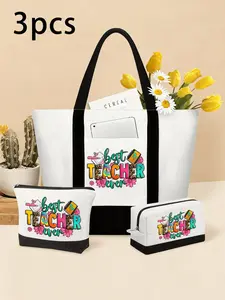 Teacher's Day Floral Canvas Handbag, Shoulder Bag, Personalized Gift Bag, Makeup Bag, Large Capacity Travel Cosmetic Bag, Teacher Tote Bags
