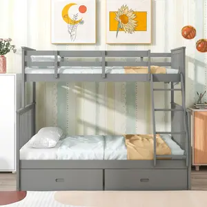 ARCH Twin Over Full Bunk Bed with Storage Drawers, Wooden Bunk Bed with Ladder and Safety Guard Rails –Gray