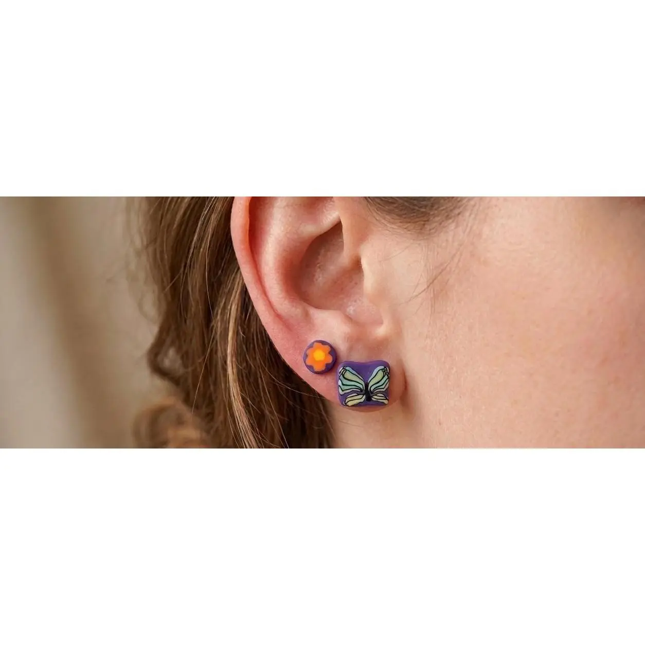 Colorful Butterfly Flower Polymer Clay Stud Earrings | Handmade Stainless Steel Posts