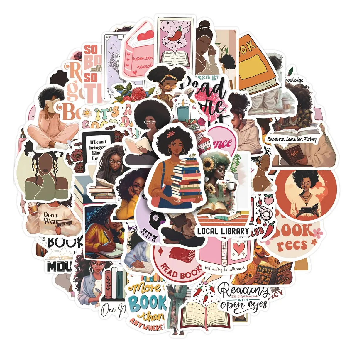 66pcs Black Woman Book Lover Stickers Pack, Waterproof Book Aesthetic Black Girl Reading & Book Quote Decals for Laptop, Water Bottle, Scrapbook, Book Lover & Black Girl Gift, Self Adhesive Stickers, Scrapbooking Stickers, Sticker Set