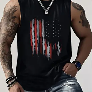 Men's American 100% Cotton Tank Top, Breathable & Comfy Sleeveless Athletic Shirt With Vibrant Geometric Print, For Summer Sports & Casual Wear, Summer Tank Tops Classic Gym Menswear