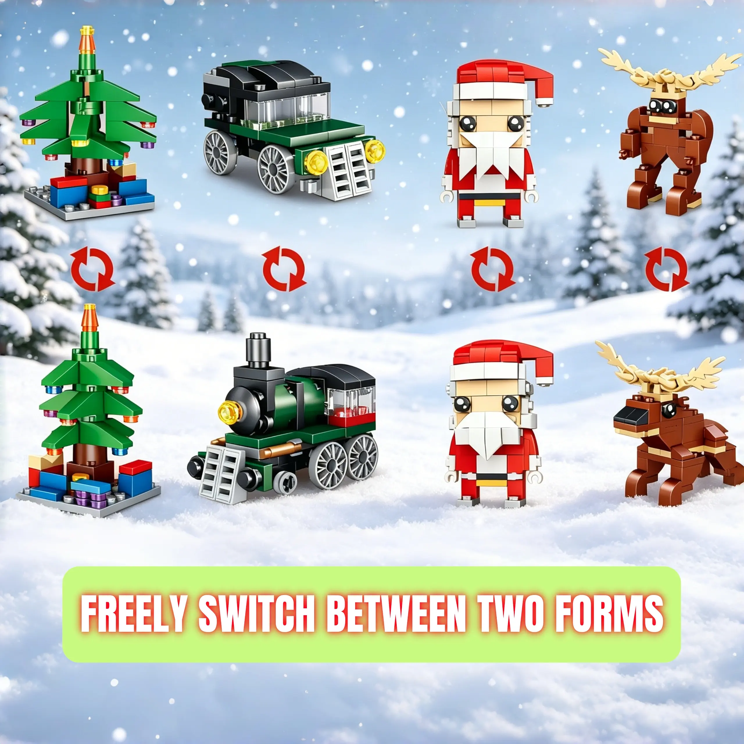 4Pcs Christmas Transforming Building Blocks Set, 2 Forms Each, Santa Claus Reindeer Christmas Tree Train Car, Creative STEM Toys for Kids Ages 6-12, Christmas Gift, Party Favors, Stocking Stuffers