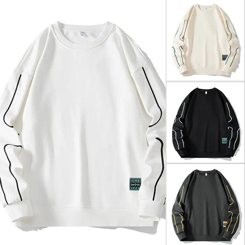 New Autumn Men’s Plus Size Classic Crewneck Sweatshirt — drop-shoulder pullover with curved white trim, raglan sleeves, loose fit, fabric label at hem; casual street-style top