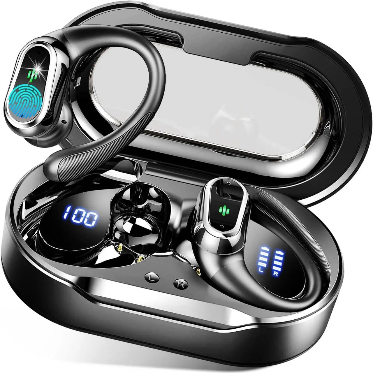 P-HPS015 Bluetooth Earbuds, 2025 Wireless 5.4 Audio Headphones with Earhooks, ENC Noise Cancellation Mic, 50H Stereo Sound, IP7 Waterproof, Dual LED Display, Mobile & Android Compatibility, Fast Charging, Secure Fit, Stable Connection for Workout, Running