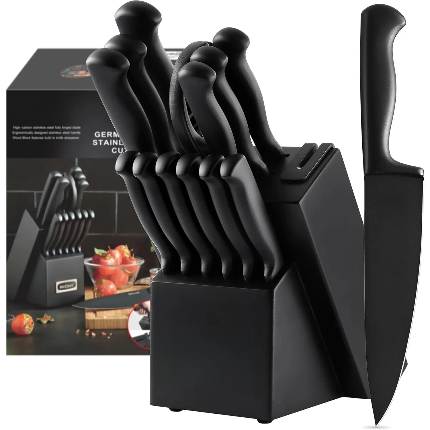 McCook Kitchen Knife Block Set with German Stainless Steel Blades, Built-in Sharpener, Lightweight Wood Handles, Steak Knife Inclusive, Black, Knives