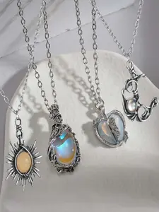 Vintage Silver Color Moonstone Drop Heart Shaped Dainty Necklace, Heart Pendant, Hollow Cat Eye Stone, Irregular Opal Clavicle Chain, Party Jewelry, Mother's Day Gift, Heart Design Necklace