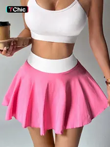 Color Block High Waisted Pleated Tennis Skirt for Women, Anti-See-Through Skort with Attached Shorts, White Waistband Pink A-Line Athletic Skirt, Quick Dry Breathable Golf & Running Skort, Slim Fit Casual Skirt