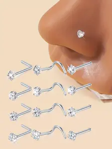 4counts Nose Rings Set Studs Nose Studs Nose Rings, 20G 7mm Stainless Steel Cute Nostril Nose Piercing Jewelry Nose Screw Studs Nose Studs For Women, Round Square Star Heart CZ Bone Screw L Shaped Nose Studs