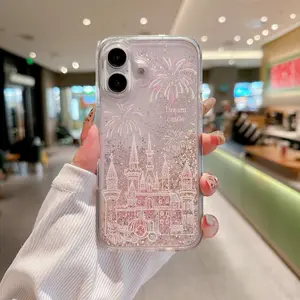 Cartoon Dreamy Fireworks Castle Liquid Sand Glitter Phone Case, Shockproof Fashionable Protective Cover for iPhone 17/16/15/14/13/12 Pro Max