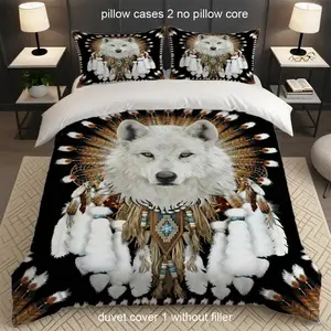 3pcs Dream Net Pattern Wolf Print Bedding Set, All-Season Polyester Fabric, Soft Comfortable, Creative Holiday Gift