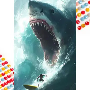 5D DIY Full Drill Round Diamond Painting - Diamond Painting Kit Shark, Surfing Mosaic Canvas DIY Wall Art, Home Wall Decoration, Diamond Pattern Design