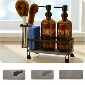 Kitchen dish soap dispenser with sponge and brush holder, 5-in-1 soap pump dispenser, 16oz Glass Hand and Dish Soap Dispenser, Instant Dry Diatomaceous Earth Stone Tray, Non-Slip Silicone Pad, Sink Organizer(Amber) Metal Metal Pump caddy organizer