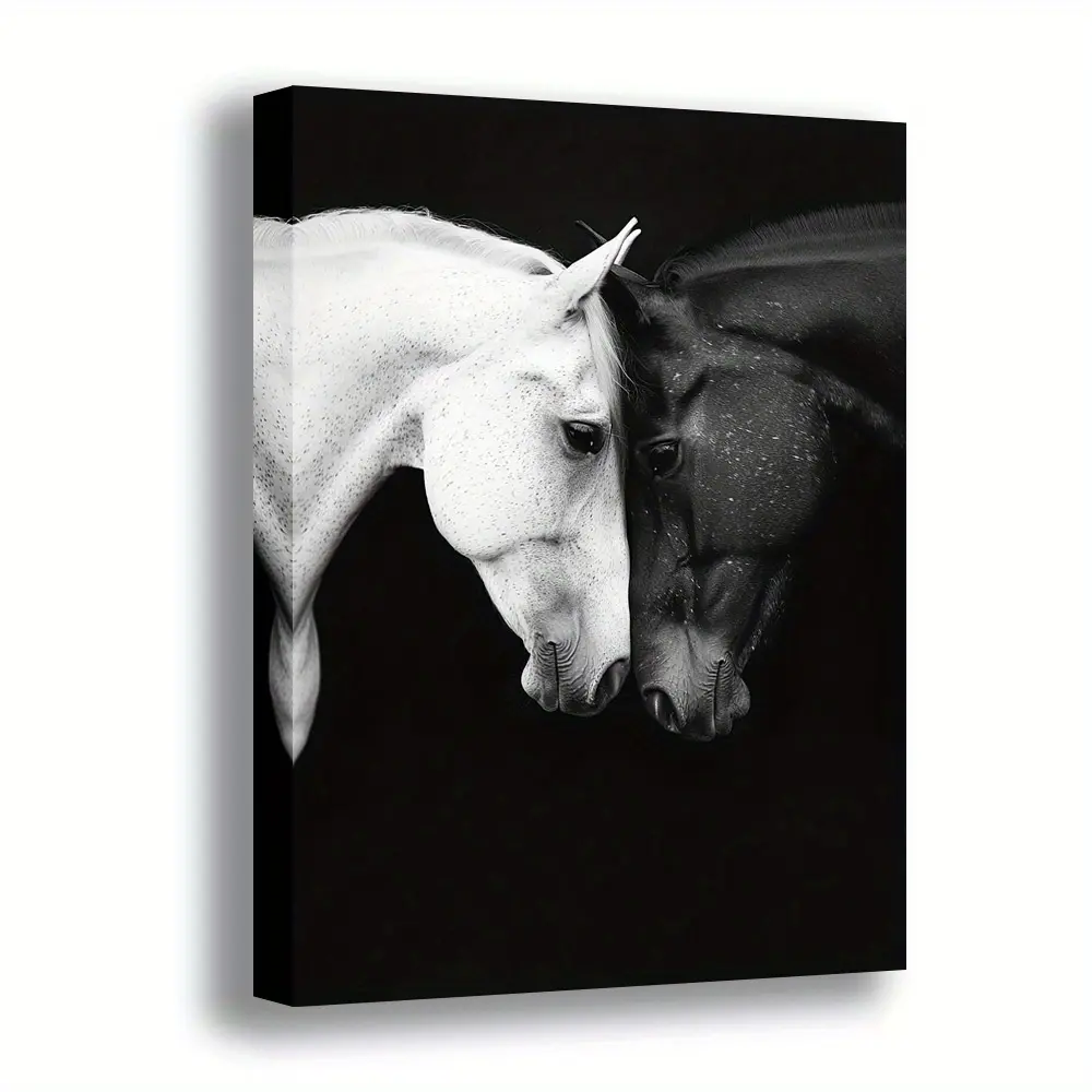 Black and White Rectangle Plaid Wooden Photo Frame with Facing Horses Design - Modern Retro Style, High-Definition Printed Poster, Easy Installation, Home Office Wall Decor for 4th of July, Thanksgiving, Juneteenth, Independence Day, Canada Day