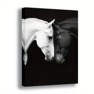 A black and white wooden picture frame with a pair of horses facing each other, modern retro design, high-definition printed poster, elegant home and office decoration