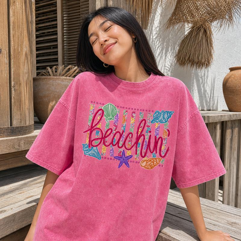 Coastal Beach Vacation Graphic Tee Women Soft Washed Cotton Beachin Striped Seashell Starfish Shirt S-5XL