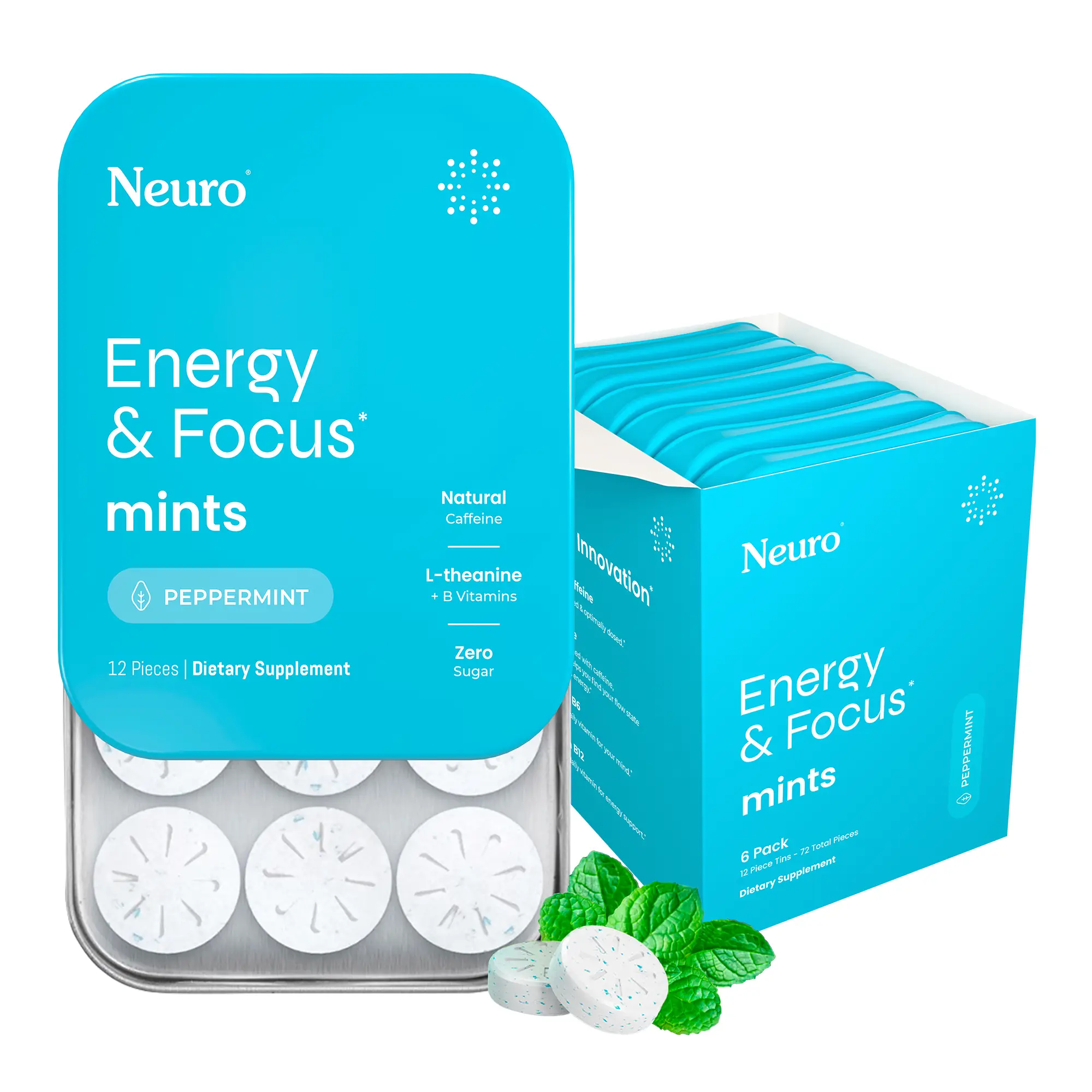 Neuro Energy Caffeine Mints - Sugar-Free Nootropic Mints for Energy & Focus with L-theanine, Caffeine, Vitamin B12 & Vitamin B6 - Peppermint Flavor