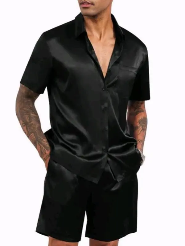 LecGee Men's Satin 2 Piece Outfits Lapel Shirt and Shorts Short Sleeve Button Down Tracksuit Luxury Set Prom Club Party
