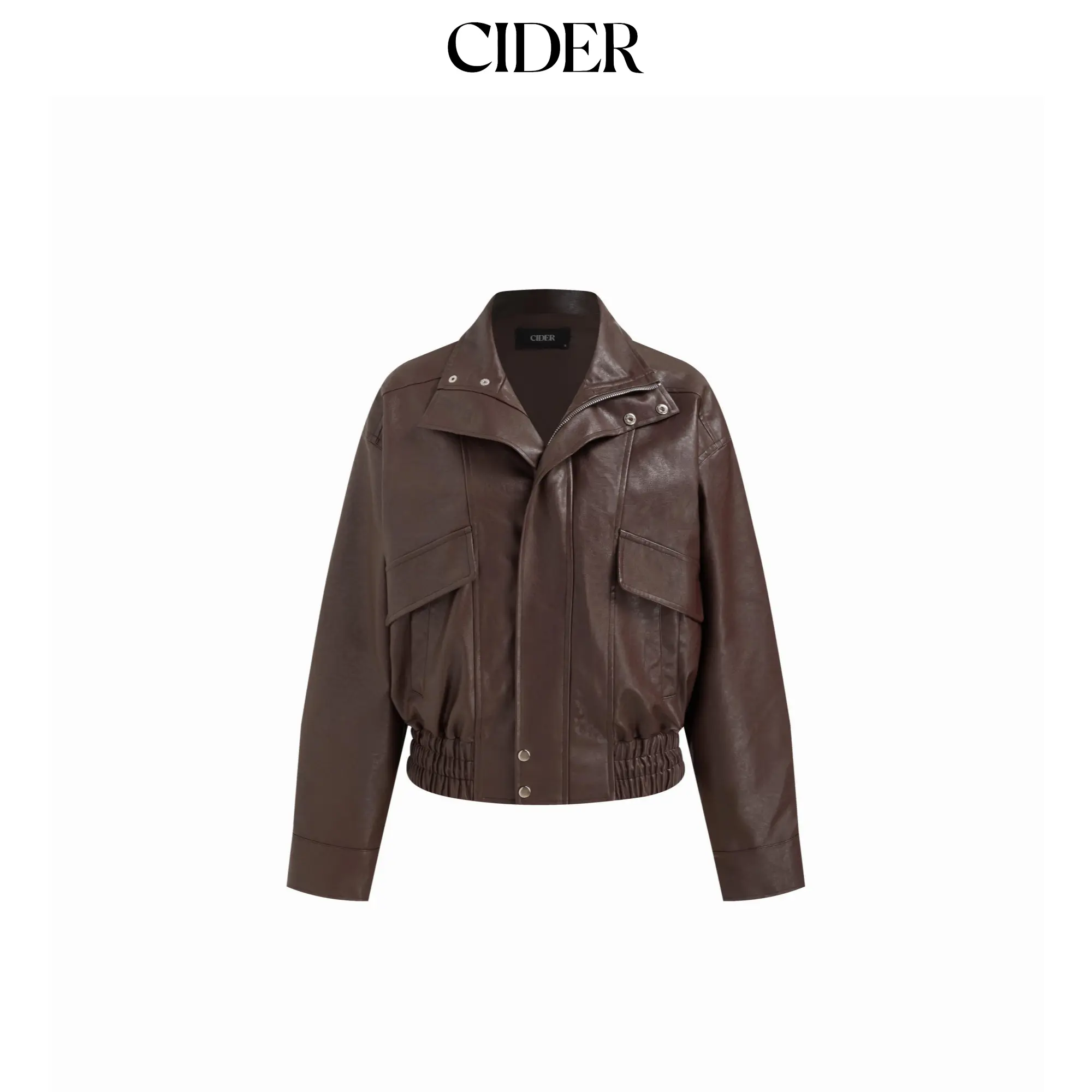 Cider Stand Collar Zip Through Faux Leather Bomber Jacket