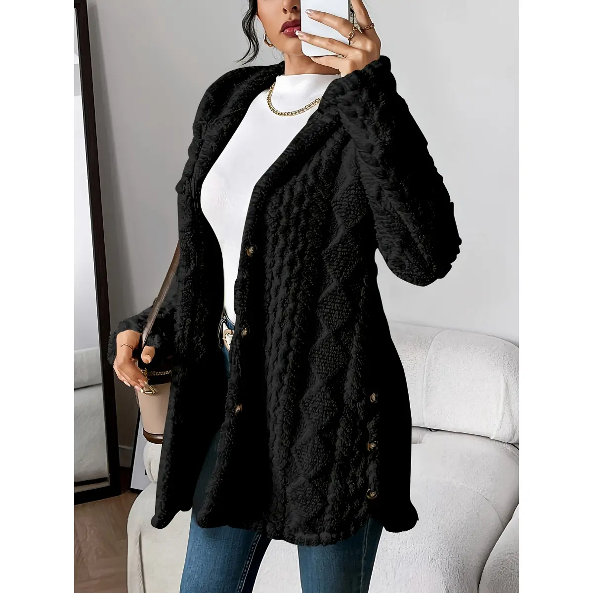 Women's Jacquard Cardigan Coat, Casual Plush Hooded Woven Outerwear with Buttons for Autumn Winter Warmth, Clothes, No