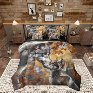 Wolves 7 Pcs Comforter Set Bed in a Bag,Jungle Safari Animal Bed Set Room Decor,Retro 3D Wolf Family Bedding Sets